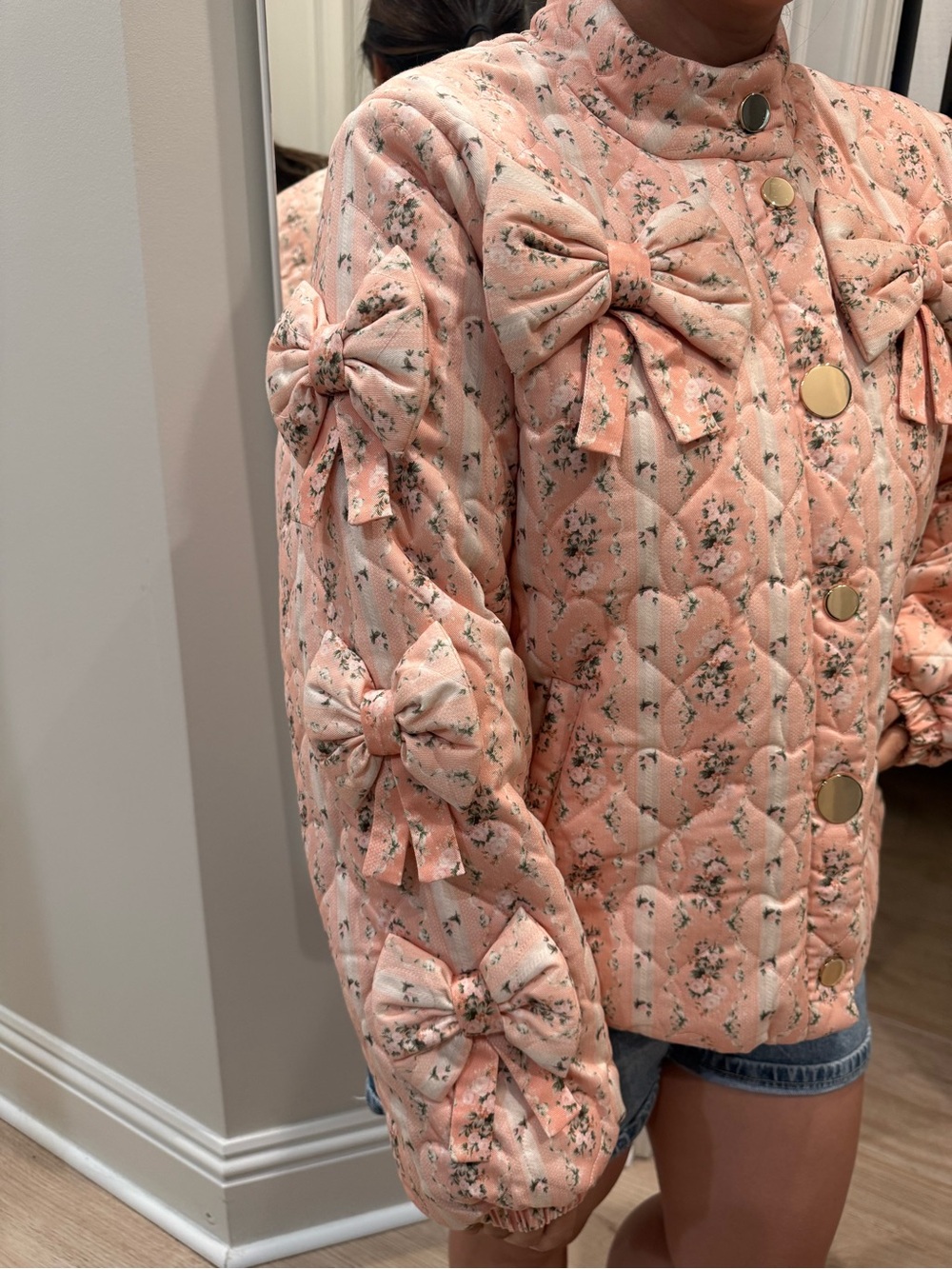 LoveShackFancy Peach-Pink Quilted Bow-Accent Puffer Jacket - Picture 2 of 2